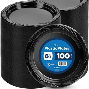 6 Inch Black Plastic Plates 100 Bulk Pack - Disposable Cake Plates for Desser... - Picture 1 of 6
