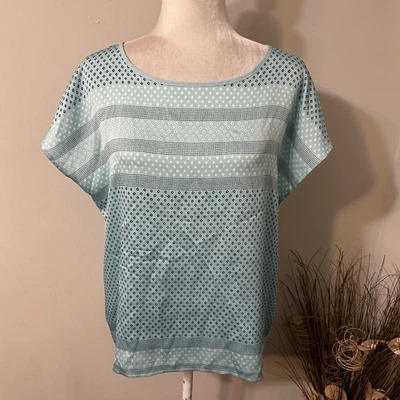 Vince Camuto Women Teal Green Geometric Dots Blouse Cap Sleeves Top Mix Media L - Image 1 of 4