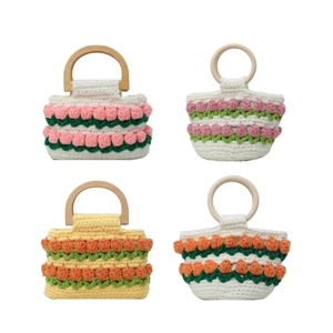 Elegant Crochet Bag Colorful Flower Knitted Bag Top Handle Small Handbag Purse - Picture 1 of 11