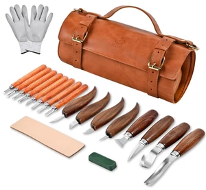 Deluxe 21-teiliges Holzschnitzset mit Ledertasche & Messerset - Bild 1 von 7