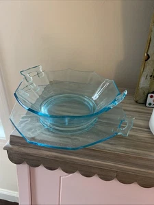 Vintage Aqua Blau Glas Schale und Teller mit Griffen - Bild 1 von 3