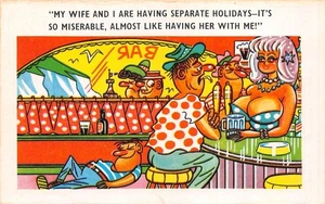 POSTCARD COMIC RISQUE BARMAID BIG BOOBS GENT HOLS WIFE - Picture 1 of 2