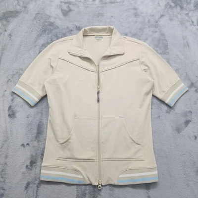 Athleta Jacket Womens S Beige Blue Back Flower Graphic Full Zip Short Sleeve - Image 1 of 4
