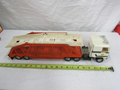 VINTAGE ERTL PRESSED STEEL TRUCK TRANSPORTER SEMI CAR AUTO CARRIER HAULER - Image 1 of 4