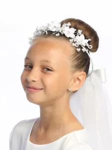 NEW 24" White Veil - Rhinestone Tiara - Satin Bow in Back 1st Holy Communion - Picture 1 of 4