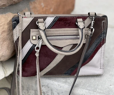 REBECCA MINKOFF Regan Leather Satchel Tote Handbag Purse Graphite Stripes Small - Image 1 of 4