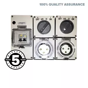 RCD Protegido 1x 32AMP, 1x 20AMP Power Point Socket Outlet 3 Pin Socket IP66 - Imagen 1 de 5