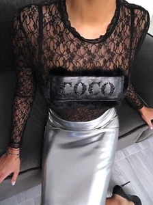 Manosque Original COCO Strass Designer Stretch Lace Shirt Black S - Bild 1 von 9