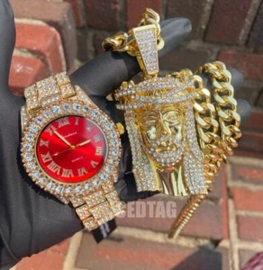RELOJ PESADO PARA HOMBRE HELADO OUT DORADO PT ESFERA ROJA CZ, CADENA 30" COLGANTE CABEZA JUMBO JESUS - Imagen 1 de 13