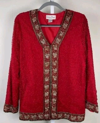 Vintage Laurence Kazar Beaded Silk Jacket Christmas Holiday Bows Size  XL - Image 1 of 4