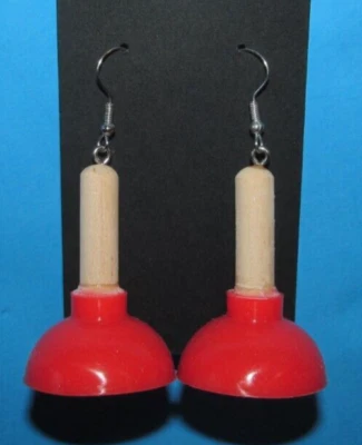 Red TOILET PLUNGER Pierced Earrings Stainless Steel Hooks, Rubber, Wooden Handle - Image 1 of 2