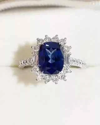 4.60 Ct Cushion Natural Sapphire Diamond Bridal Wedding Ring 18K White Gold 6.5 - Image 1 of 4