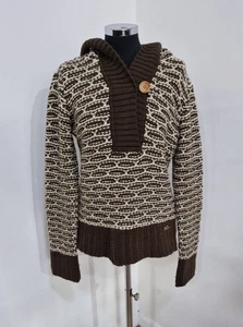 Roxy Kapuzen Strickpullover Gr. L braun beige gewebt Knopf Wollmischung - Bild 1 von 10