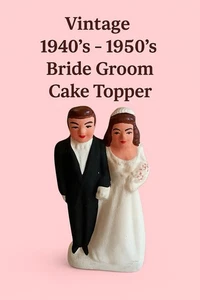 Vintage Biskuit Braut & Bräutigam Hochzeitstorte Topper, Japan, 3-1/2" - Bild 1 von 4