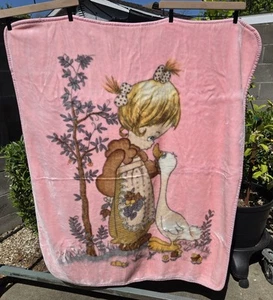 VTG Korean Mink Baby Blanket Precious Moments Girl Goose Duck Pink 44 x 54 - Picture 1 of 6