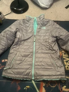 The North Face Girls Gray Teal Long Sleeve Reversible Puffer Jacket Size M 10/12 - Picture 1 of 3