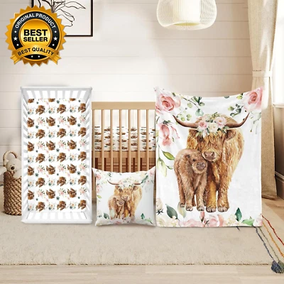 Baby Crib Bedding Set - Highland Cow Design Nursery Bedding 3 Pcs Set - Chic Sof - Image 1 of 4