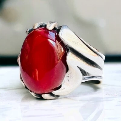 925 silver ring natural Red carnelian agate aqeeq akik silver yemeni #1 - Image 1 of 4