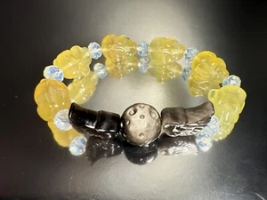 High Grade Natural Fluorite Bracelet/Carved GoldenBunnies / Obsidian Moon Wing - Picture 1 of 17