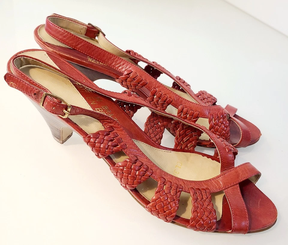 Tacones apilados vintage de cuero trenzado rojo años 80 EE. UU. 8 Brasil  Foto 1 de 4