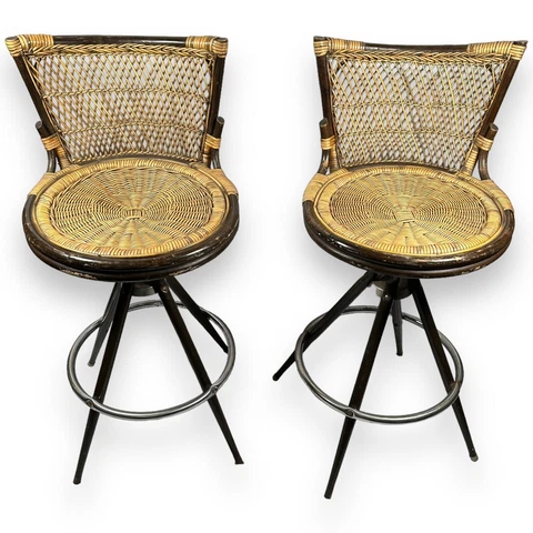 MCM Wicker Rattan Swivel Bar Stool Set 2 Vintage Chairs Mid Century Modern 70s Cover
