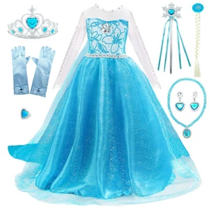 7 Pc Set Girls Elsa Princess Dress Queen Cosplay Costume Fancy Dress Halloween - Picture 1 of 14