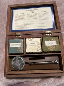 Hard Wood TeaCaddy Carved Big Ben Teas Of London W/Utensils, 2 1/4" x 5" x 7" - Picture 1 of 4