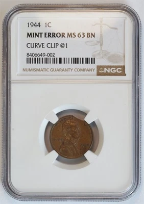 1944 US 1C Lincoln Wheat Cent Coin MINT ERROR (NGC MS 63 BN) Curve Clip @1  - Image 1 of 4