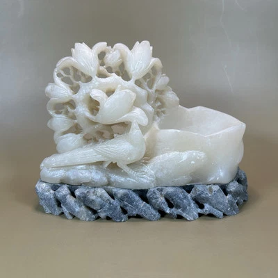 Vinatge Soapstone Chinese Bird & Flowers Sculpture 7” x 5” Brush Washer Well - Image 1 of 4
