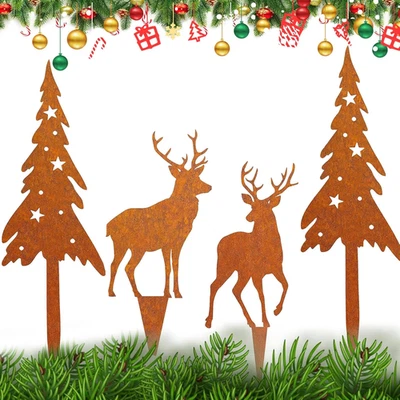 Rost Garten Deko 4er Set Weihnachtsbaum Hirsch Metall Gartenstecker - Bild 1 von 4