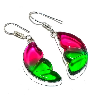Xmas Bi-Color Tourmaline Gemstone 925 Sterling Silver Earring 1.7" c255 - Image 1 of 4