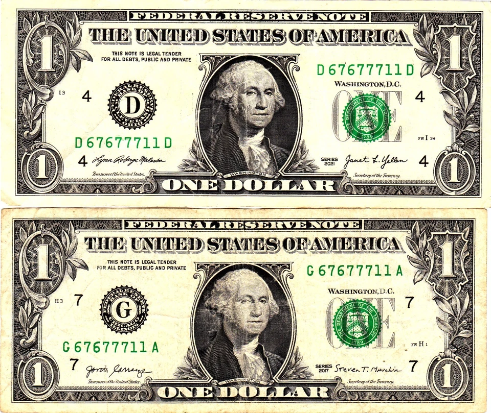 $1 2017  2021  Fancy Serial MATCHING SERIALS G67677711A  D67677711D - Image 1 of 1