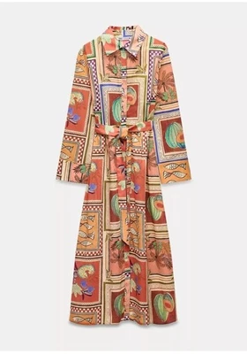 ZARA Midi Belted ZW COLLECTION Print shirt dress Mediterranean island Print XS - Image 1 of 4