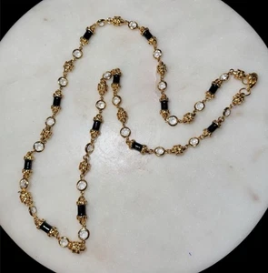 Collana vintage lunga maglia oro San Giovanni lunetta cristallo rotonda e perline colonna nera - Foto 1 di 7
