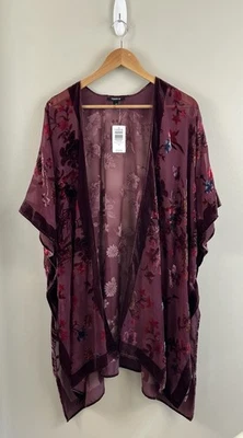 Torrid 全新带标签女式倦怠雪纺天鹅绒花卉勃艮第和服开衫,尺寸 1/2 — 第 1/4 张图片