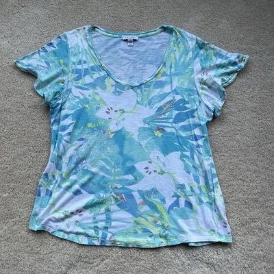 Tribal Women's Blue Green Tropical Print V-Neck Tee Shirt - L - GUC - Stretch - Image 1 of 4
