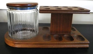 Humidificador de tarro de tabaco de vidrio MCM soporte de 8 pipas de nogal vintage Decatur Industries - Imagen 1 de 6