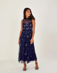 Monsoon Suzie Midi Blue Navy Embellished Dress Size 12 Spotty Mesh New RRP £150 - Picture 1 of 24
