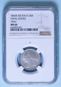 PIO IX LIRA 1866 ANNO XXI ROMA ARGENTO FDC SILVER COIN SLAB MS66 NUMISMATICA - Imagen 1 de 2
