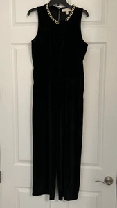 Michael Kors Jumper Pantsuit Women's XL Black Velvet Wide-Leg Gold Chain Collar - Picture 1 of 7