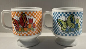 Paar MCM 60er Vintage Stylecraft Japan Kaffee Tee Tassen orange blau Schmetterling Tulpen - Bild 1 von 12