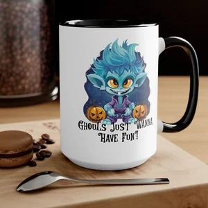 "Wanna Have Fun" Ghost Accent Mug, 11oz & 15oz, Gothic Halloween Coffee Cup - Picture 1 of 25