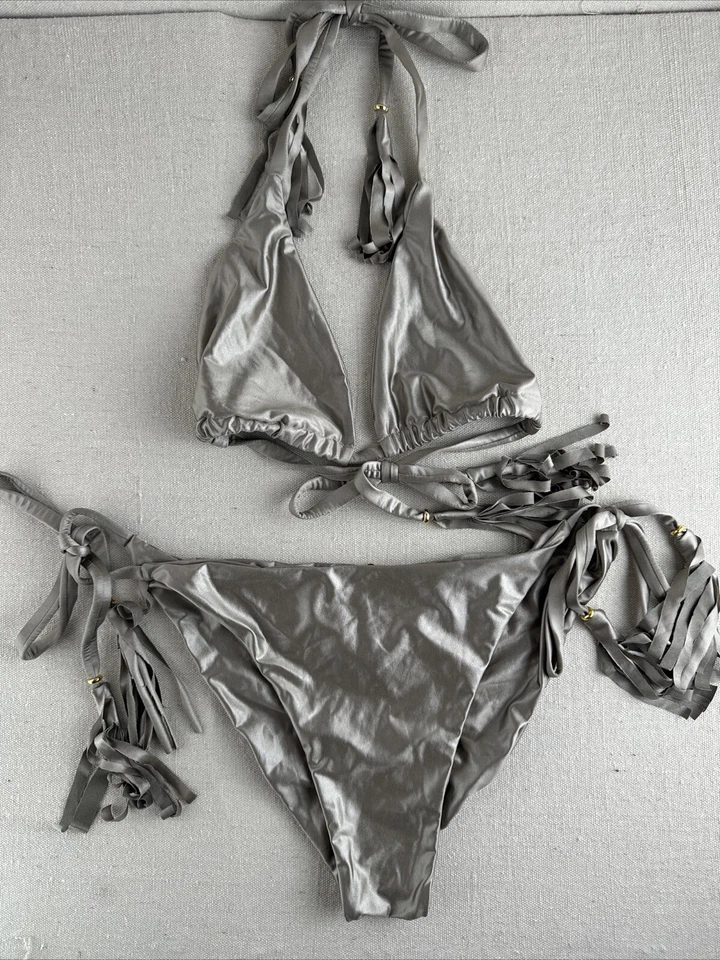 Montoya Metallic Silver/Gold Triangular Bikini Women’s Sz M-L Shiny Tassels Tie - Image 1 of 4
