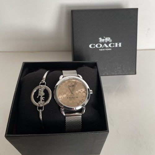 Coach Donna Set Orologio & Bracciale Argento 34 mm 14000061 Resistente all'acqua Nuovo con scatola