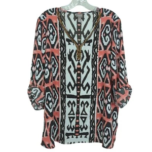 Túnica Chico's talla 2/L marrón coral geométrica manga larga lengüeta cuello en V - Imagen 1 de 17