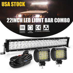 22 inch 1200W Led Light Bar Spot Flood Combo +2x 4" 4-Row LED Pods Truck SUV ATV