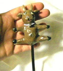 BROWN COW BULL PLANT STICK Handmade Decor Polymer Clay sculpture horns - Picture 1 of 4