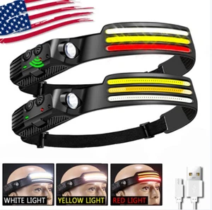 COB LED Motion Sensor Headlamp USB Rechargeable Band Headlight Torch Flashlight - Picture 1 of 18