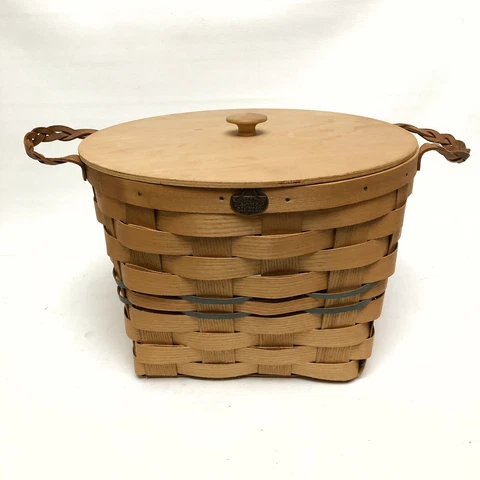 €✅❤️✅@ XL Peterboro Picnic File Basket Leather Handles Green Wood Lid 10”x15” Cover