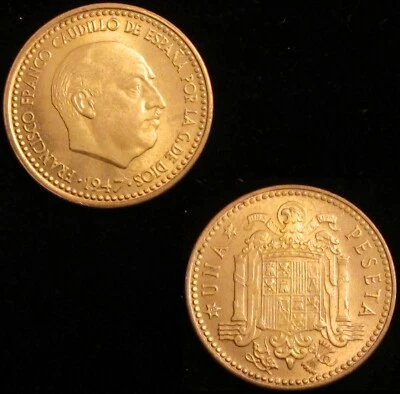 SPAIN, FRANCO-5, 1 PESETA 1947*19-54, ORIGINAL LUSTER, UNCIRCULATED. - Image 1 of 3